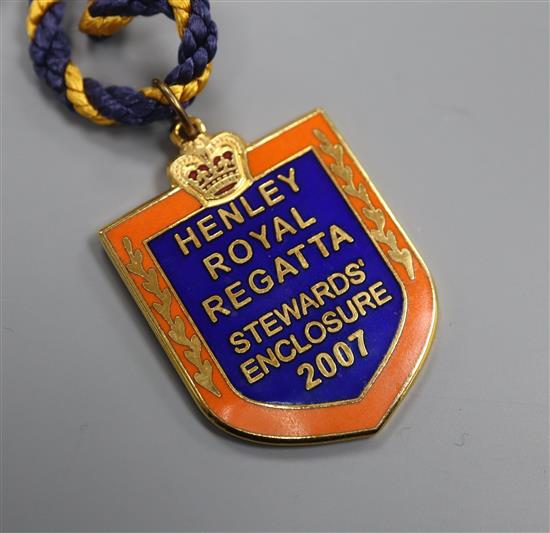 41 Henley Royal Regatta enamelled Members/Stewards Enclosure badges, 1980s-2000s and a university rowing club badge